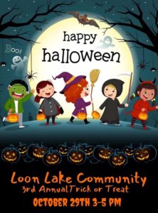 Happy Halloween Loon Lake Community Trick or Treat October 29tth 3-5pm